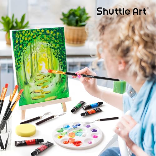 Shuttle Art 54 Pack Acrylic Paint Set, Acrylic Painting Set with 30 Colors Acrylic Paint, Wooden Easel, Painting Canvas, Paint Brushes, Palette, Art Shuttle Art