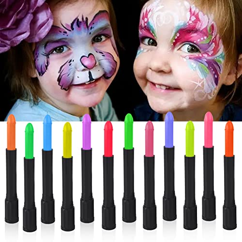 12 colors Glow in The Dark Body Paint UV Neon Face Paint Crayons Halloween Neon Face Painting Crayons Kit for Halloween Costume Holiday Birthday - WoodArtSupply