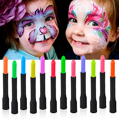 12 colors Glow in The Dark Body Paint UV Neon Face Paint Crayons Halloween Neon Face Painting Crayons Kit for Halloween Costume Holiday Birthday - WoodArtSupply