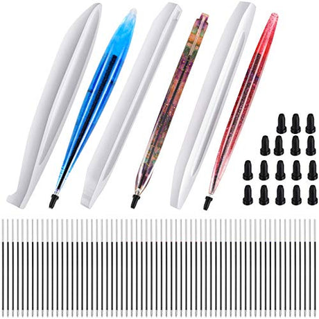 203 Pieces Pen Shape Resin Molds set 3 pieces Ballpoint Pen Silicone Molds with 100 Pieces Ballpoint Refill Pens and 100 Pen Caps, Cylinder Shaped Outus