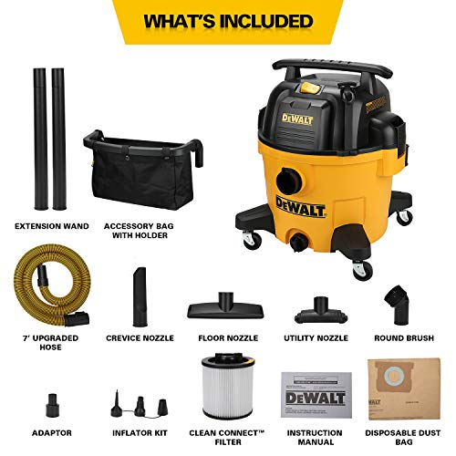 DEWALT 9 Gallon Wet/Dry VAC, Heavy-Duty Shop Vacuum with Attachments, 5 Peak HP, with Blower Function, DXV09PA, Yellow DEWALT