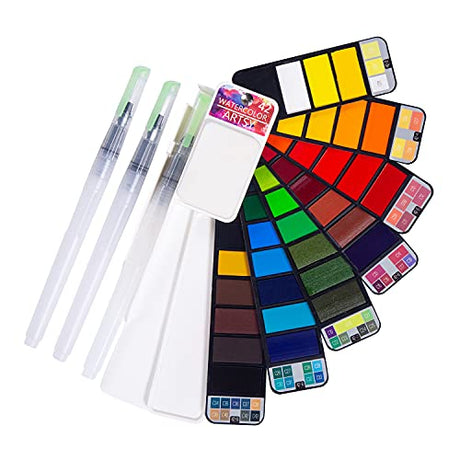 Watercolor Paint set – 42 Assorted Colors with 3 Brushes – Perfect Foldable Watercolor Field Sketch Set for Outdoor Painting –Travel Pocket Artme