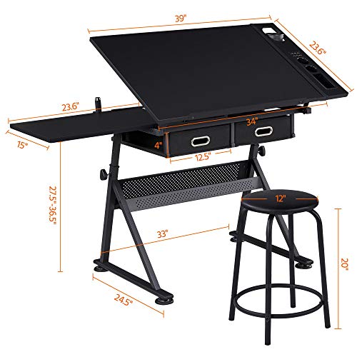 Yaheetech Drafting Table for Artists, Height Adjustable Drawing Desk Art/Craft Desk Diamond Paintings Work Station w/ 2 Storage Drawers and Stool for Yaheetech