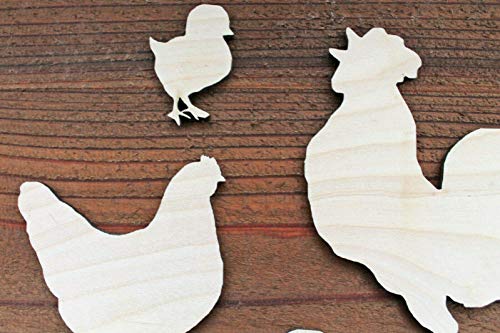 Set of 4 Rooster 1/8" thick Hen Chicks Chickens Unfinished Wood Laser Cut Out Crafts Farmhouse Sign DIY Ready to Paint or Stain Texan Wood Crafts