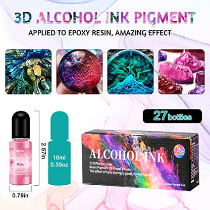 Alcohol Ink Set - 27 Colors Alcohol Liquid Dye, High Concentrated Alcohol-Based Ink Pigment for Tumbler Making, Painting, Resin Petri Dish - 0.35oz