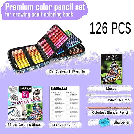 KALOUR 126PCS Colored Pencils Set,with Coloring Books,Tutorial & Color Chart, 120 Premium Soft Core Colored Pencils for Adults Beginners Coloring KALOUR PDAS