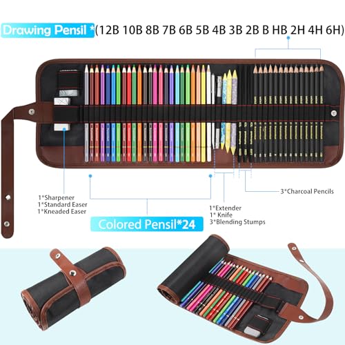 Heshengping Sketch & Drawing Art Pencil Kit-50 Piece Set, Include 24 Color Pencil(For Adult Kid Coloring Books) & Graphite Charcoal-Pencil Etc., Art - WoodArtSupply