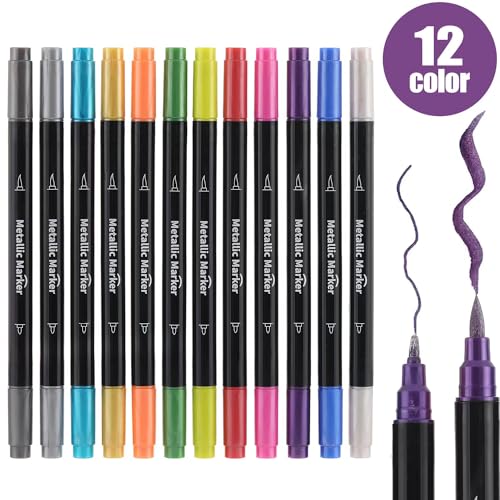 Colourcolor Metallic Marker Pens - Dual Tip Brush and Fine Point Pens for DIY Album, Black Cards, Rock Painting, Card Making, Scrapbooking, Fabric, - WoodArtSupply