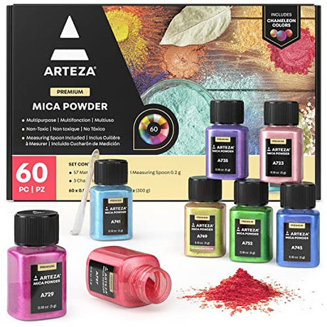 Arteza Mica Powder, Set of 60 Colors x 0.18 oz Jars, Craft Supplies for Paint, Epoxy Resin, Candle Making & DIY Crafts ARTEZA