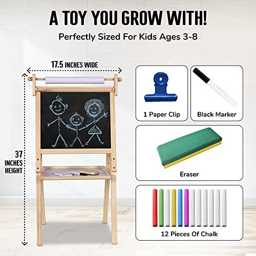 Kraftic Deluxe Standing Art Easel for Kids - Toddler Drawing Chalkboard, Magnetic Whiteboard, Dry Erase Board, Paper Roll and Accessories - WoodArtSupply