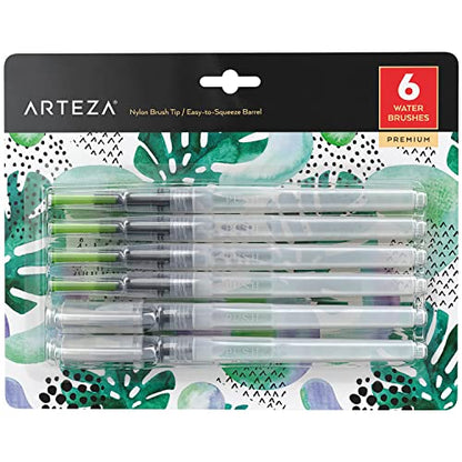 Arteza Water Brush Set of 6 - Fine, Medium & Broad Tips, Self-moistening, Portable, Perfect for Aquarelle & Watercolor Painting and Watercolors