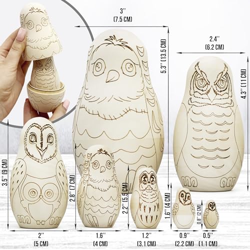 AEVVV Owl Craft Blank Russian Nesting Dolls Set 7 pcs - Unfinished Wood Crafts Paint Your Own Matryoshka Owl Figurines - Blank Owl Nesting Dolls AEVVV