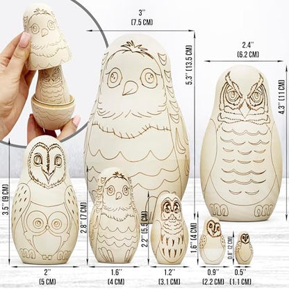 AEVVV Owl Craft Blank Russian Nesting Dolls Set 7 pcs - Unfinished Wood Crafts Paint Your Own Matryoshka Owl Figurines - Blank Owl Nesting Dolls - WoodArtSupply