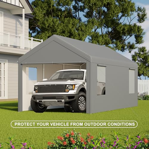 CAPEWORTH Carport,12x20 Heavy Duty Carports,Canopy,Garage,Metal Shed,with 4 Roll-up Ventilated Windows,Outdoor,Storage,Car,Boat,12x20 Gray CAPEWORTH