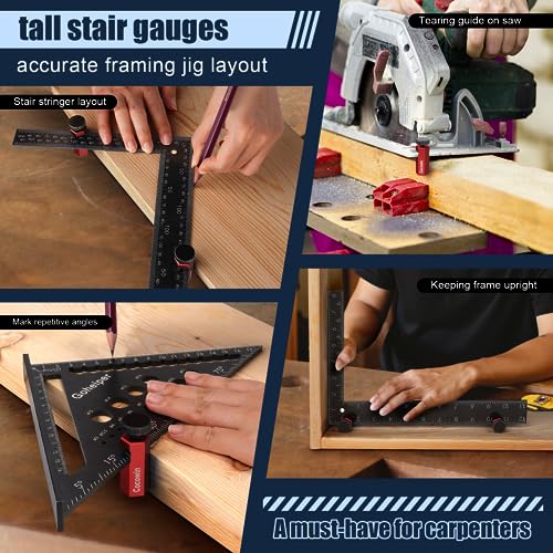 Red Cocowin Tall Stair Gauges for Framing Square with Holder and Carabiner Stair guages Knobs Tool for Circular Saw Metal Stair Stringer Layout Tool Cocowin