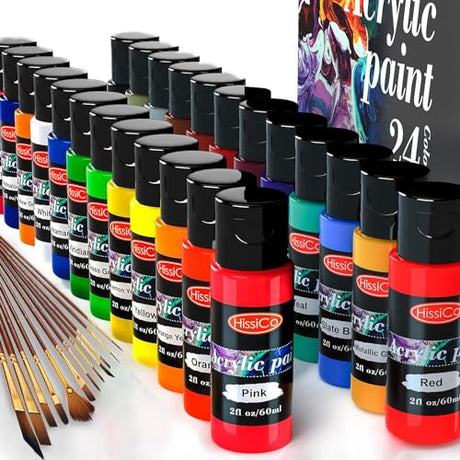 Acrylic Paint Set 36 PCS of 24 Colors 2fl oz 60ml Bottles with 12 Brushes,Non Toxic 24 Colors Acrylic Paint No Fading Rich Pigment for Kids Adults HissiCo