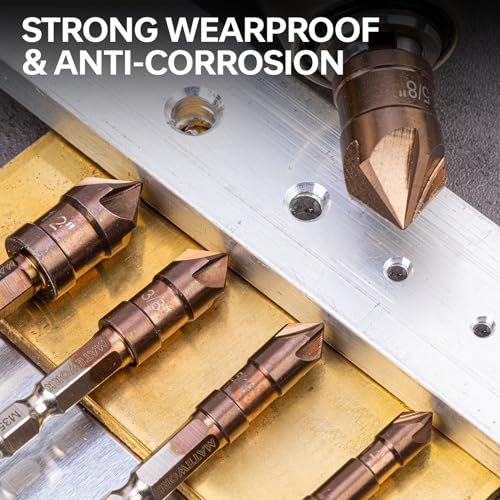 Matework Countersink Drill Bit Set, M35 Cobalt HSS Countersink Drill Bits 6 Pieces 1/4 Inch Quick Change Hex Shank for Metal, Wood, Stainless Steel, Matework