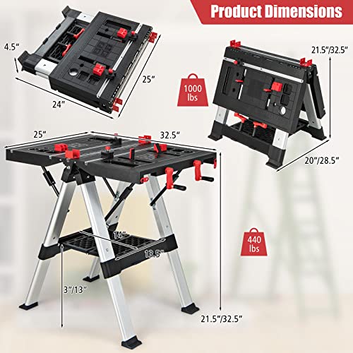 Goplus Portable Workbench, Folding Work Table & Sawhorse with Adjustable Height, 440LBS/1000LBS Capacity, Clamps, 2 x 4 Support Arms, Tool Tray, Goplus