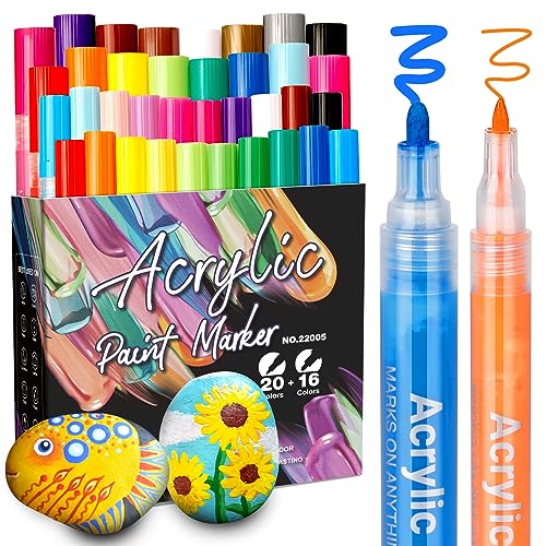 JR.WHITE 36 Pack Acrylic Paint Marker Pens for Rock Painting, Wood, Canvas, Ceramic, Glass, Fabric,Arts Crafts Supplies for Adults Kids-Fine Tip &