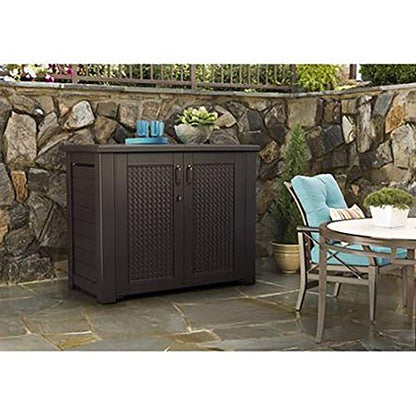 Rubbermaid Extra Large Decorative Patio Storage Cabinet, Weather Resistant, 123 Gal., Dark Teakwood, for Garden/Backyard/Home/Pool - WoodArtSupply