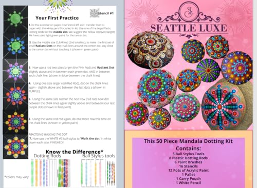 Seattle Luxe 50 Piece Mandala Dotting Tools, Easy-to-Follow Instructions w/Paint, Stencils, & More. Mandala Dot Art, Mandala Rock Painting Kit, - WoodArtSupply