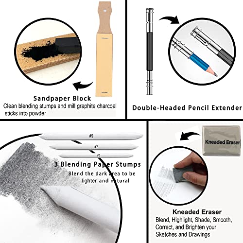 KALOUR 33 Pieces Pro Drawing Kit Sketching Pencils Set,Portable Zippered Travel Case-Charcoal Pencils, Sketch Pencils, Charcoal KALOUR