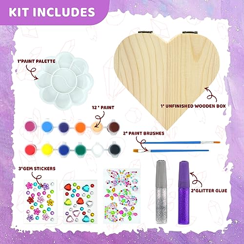 Ambesi Paint Your Own Wooden Jewelry Box, Arts and Crafts for Kids Ages 8-12, 4-6, 7-8 Year Old Girls, Decorate Heart Treasure Box Craft kit, DIY Ambesi