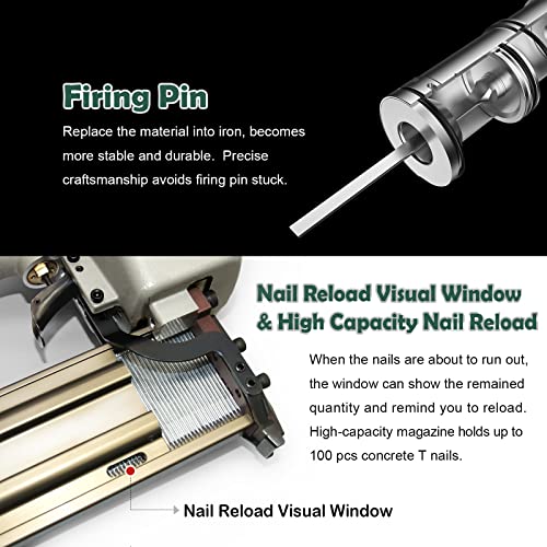 Woodpecker ST64 14 Gauge 3/4" to 2-1/2" Pneumatic Concrete T Nailer Gun with 400pcs Concrete T Nails, Air Power Heavy Duty Concrete Nail Gun Brad Since
