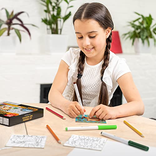 Arteza Kids Animals Coloring Kit, 3 Canvas Panels, 4 x 4 in, 10 Markers, 16 Watercolor Pencils, 1 Paint Brush, 1 Sharpener, Kids Activities for Ages
