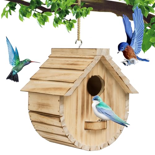 Bird House for Outside, Wooden Blue Houses for Outdoors with Standing Platform for Garden, Birdhouse with Viewing Holes for Yard, Hanging Birdhouse - WoodArtSupply