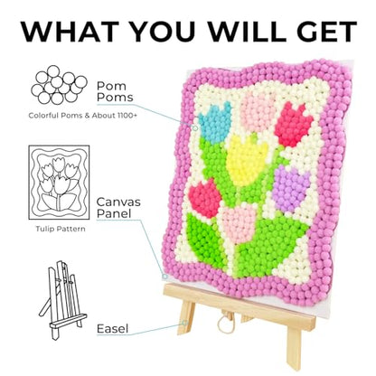 Funto Tulip Pom Pom Painting Art Kit, 1100+ pom poms, Canvas and Sturdy Easel for Home Decor, Suitable for Kids and Adults DIY Painting, Perfect - WoodArtSupply