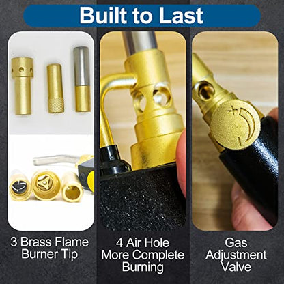 Propane Torch Head with 3 Nozzles Tips - MAPP MAP Gas Trigger Start Welding Torch Head lighter Self Ignition Igniter Adjustable Knob Continuous Flame - WoodArtSupply