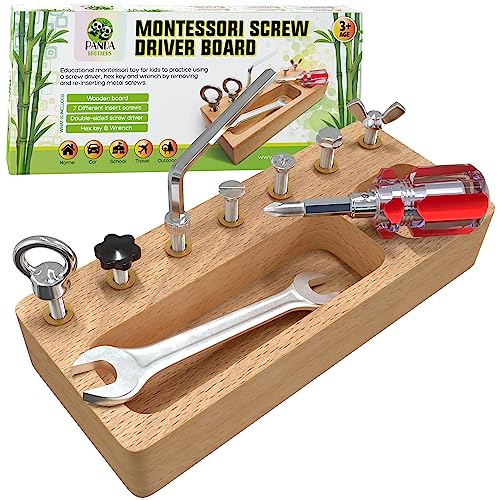 Panda Brothers Montessori Screwdriver Board Set - Wooden Montessori Toys for 4 Year Old Kids and Toddlers, Learning Sensory Bin Toys Preschool Panda Brothers