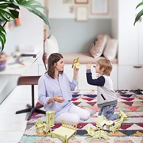 Small Furniture,Hotmisu Dollhouse Furniture and Accessories 34PCS Wooden Dollhouse Furniture Set 3D Puzzle Miniature Puzzle Doll House Furniture Kit Hotmisu