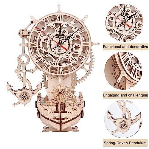 Pirate Ship Clock 3D Wooden Puzzles for Adults, Wooden Models for Adults to Build DIY 3D Puzzle Mechanical Clock Kit, Clock Making Kits Gift for varbertos