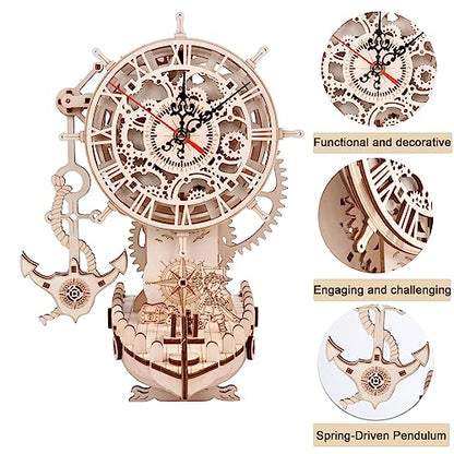 Pirate Ship Clock 3D Wooden Puzzles for Adults, Wooden Models for Adults to Build DIY 3D Puzzle Mechanical Clock Kit, Clock Making Kits Gift for - WoodArtSupply