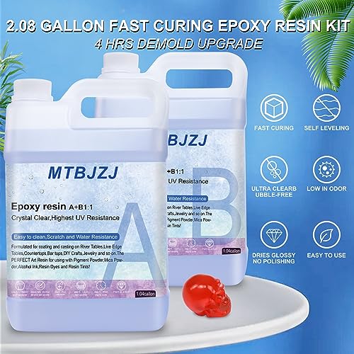 2.08 Gallon Quick Curing Epoxy Resin Kit - 4 Hrs Demold Upgrade - Clear & Bubble Free Epoxy - Fast Demold 1:1 Mix Resin - High Hardness for Art, MTBJZJ