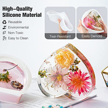 Resin Molds Silicone Kit, 8 in 1 Large Silicone Molds for Epoxy Resin, Flowers Preservation, Ideal Resin Starter Kit Including Hexagon, Heart,