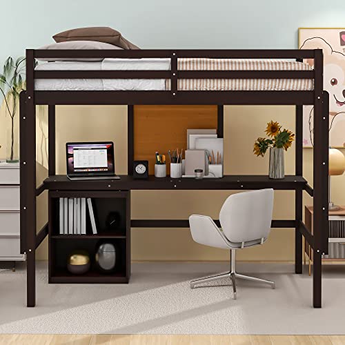 RORIGAT Twin Size Wooden Loft Bed with Desk and Storage - Espresso Finish - WoodArtSupply