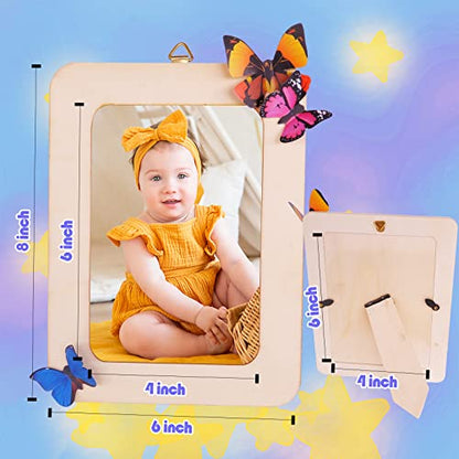 10 Pack Picture Frame Painting Craft Kit, 6'' x 8'' DIY Blank Wooden Photo Frames with Stand, Painting Set, 3D Butterfly and Glitter Eva Stickers for