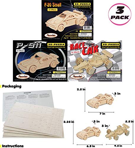 Puzzled Bundle of Cars: F-20, P911, and Race Car Wooden 3D Puzzles Construction Kits - Fun & Educational DIY Racing Toys, Assemble Model Unfinished Puzzled