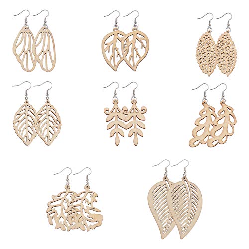 FASHEWELRY 80Pcs Unfinished Leaf Wooden Earrings Pendants 8 Styles Natural Filigree Hollow Wood Leaf Charms with 80Pcs Jump Rings & 80Pcs Earring