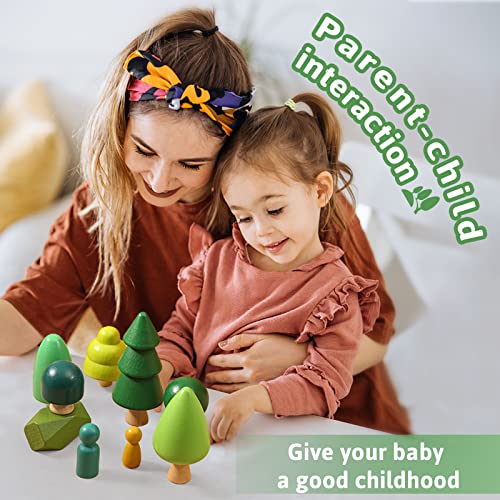 Macabaka Wooden Tree Toy Set 14 Pieces Wooden Sorting Stacking Balancing Stone Rocks Natural Wooden Mini Trees for Home Decor, Cake Topper and Macabaka
