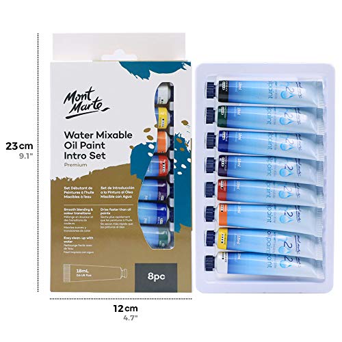 Mont Marte Oil Paint Set Water Mixable 8x18ml, Titanium White,Mid Yellow,Orange,Cadmium Red,Phthalo Green,Cobalt Blue,Ultramarine Violet,Ivory Black - WoodArtSupply