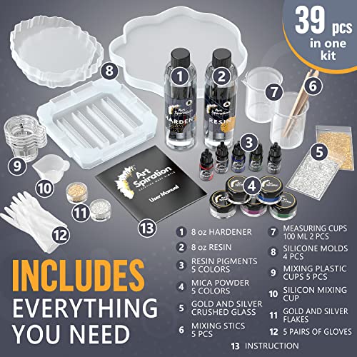 ART SPIRATION Crystal Clear Epoxy Resin Kit For Beginners 16 Oz, Art Epoxy Resin Kit With Mica Powder, Resin Pigment, Silicone Molds, Crushed Glass, WoodArtSupply