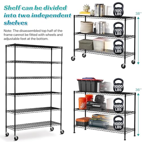 YRLLENSDAN 6 Tier Wire Shelving Unit 6000lbs Capacity Metal Storage Shelves with Wheels Height Adjustable Heavy Duty Steel Shelf for Kitchen - WoodArtSupply