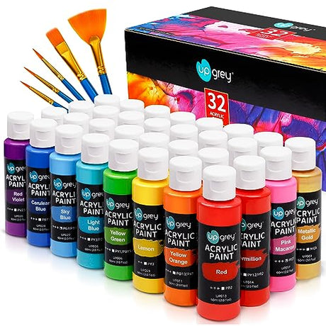 Acrylic Paint Set, Art Paints (2fl Oz/60ml ) Crafts Acrylic Paint For Kids And Adults with 5 Brushes, Non Toxic Metallic Acrylic Paints for Wood UPGREY