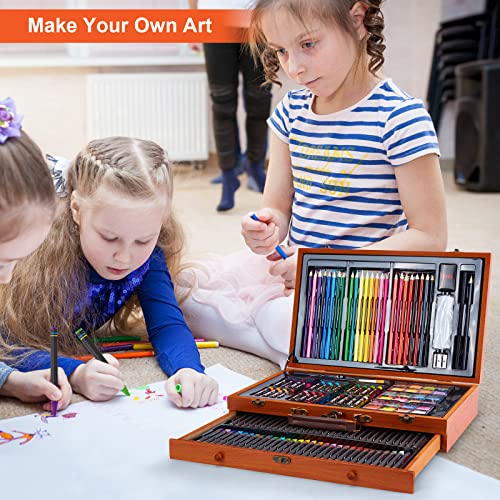 AGPTEK Art Set, 141 Pieces Deluxe Art Set, Wooden Painting Case & Art Supplies Kit with Crayons, Colored Pencils, Sketch Pencils, Paint Brushes, AGPTEK