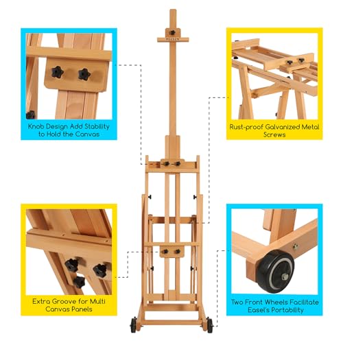 MEEDEN Versatile Studio H-Frame Easel - All Media Adjustable Beech Wood Studio Easel, Painting Floor Easel Stand, Movable and Tilting Flat Available, MEEDEN