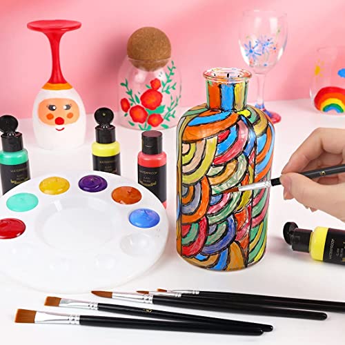 Colorful Glass Paint Kit with 6 Brushes, 1 Palette & 1 Sponge - 30ml/Bottle 26 Colors Permanent Stain Glass Paints for Gallery, Window, Wine Glass Colorful